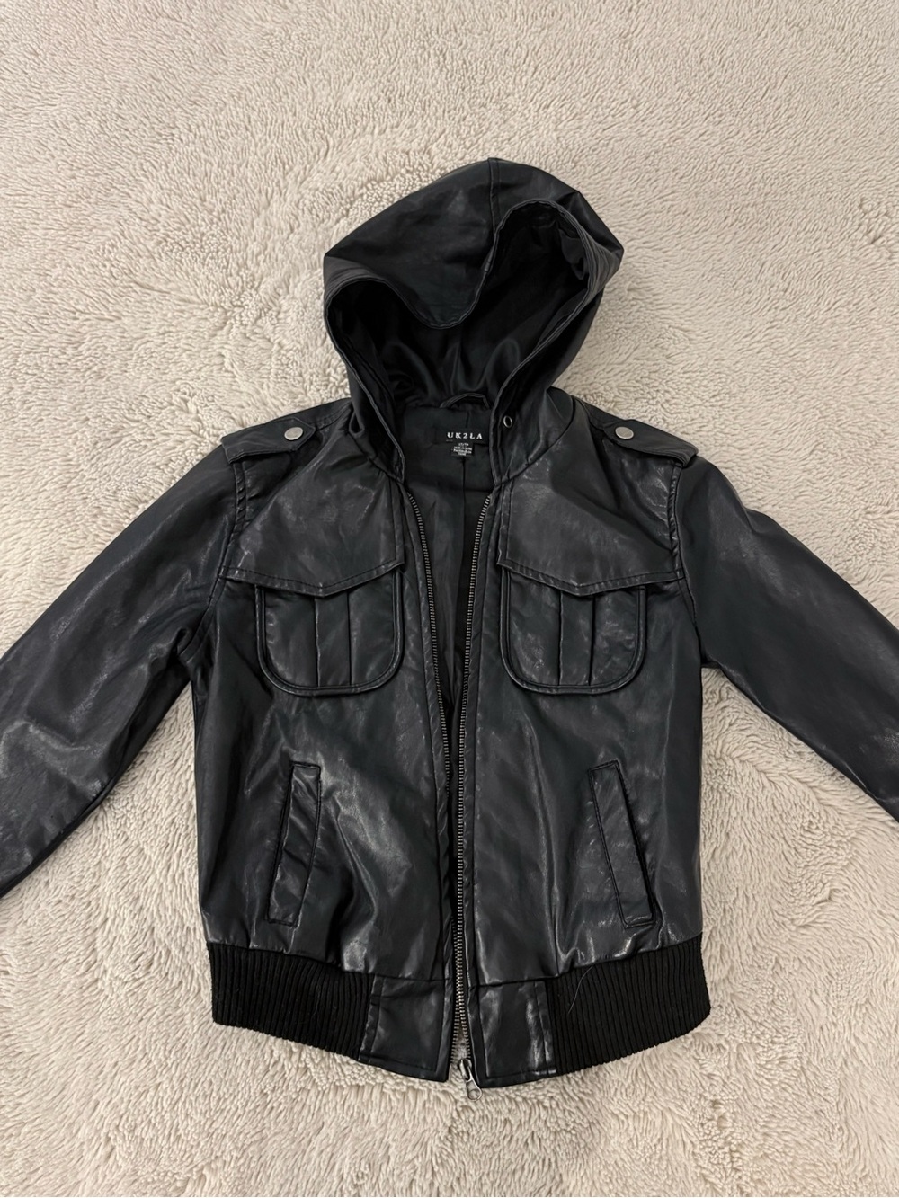 UK2LA Cropped Black Hooded Faux Leather Jacket